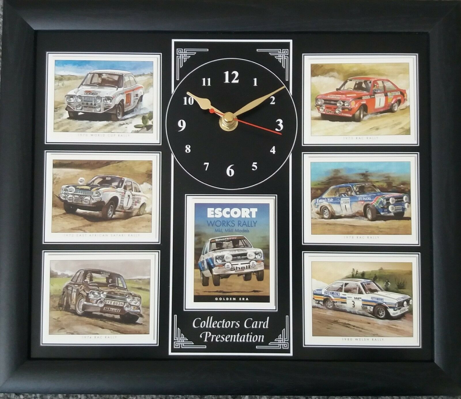 Zwarte Wandklok met een collage van Ford Escort Works Rally Mk1 & MkIl