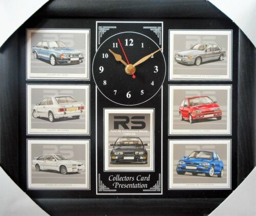 Zwarte Wandklok met een collage van Ford RS Performance Models 1983-92