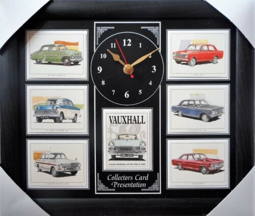 Zwarte Wandklok met een collage van Klassieke Vauxhall van de 1950-60s